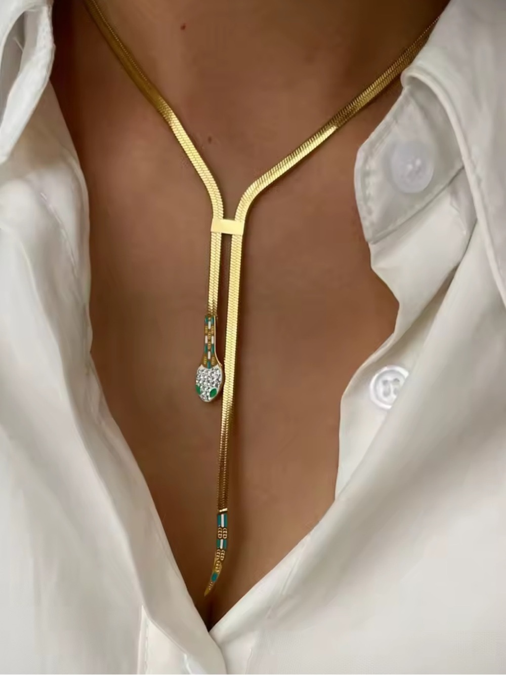 Gold Snake Lariat Necklace with Green Pavé Accents -